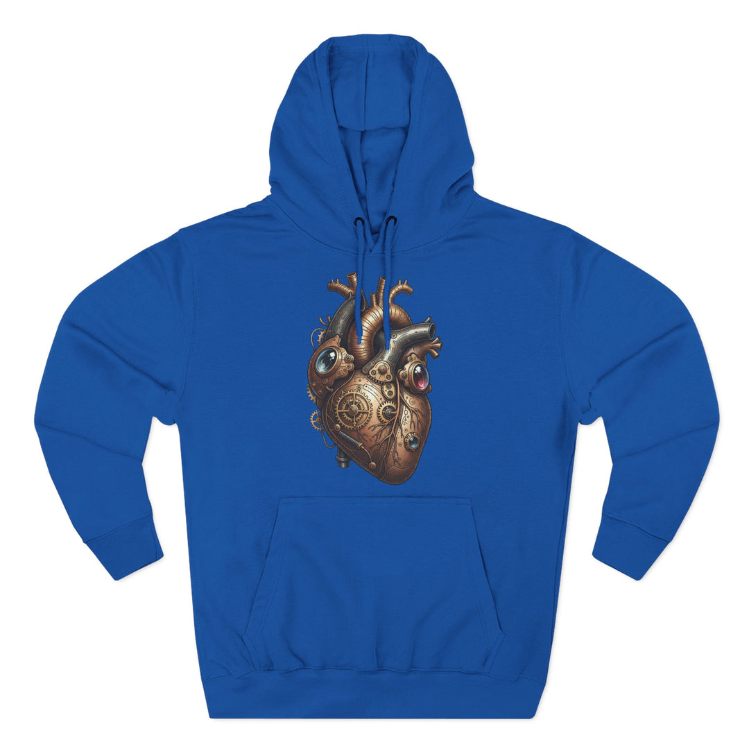 Blue hoodie by S&amp;W Gallus with a metallic mechanical heart graphic on the chest.