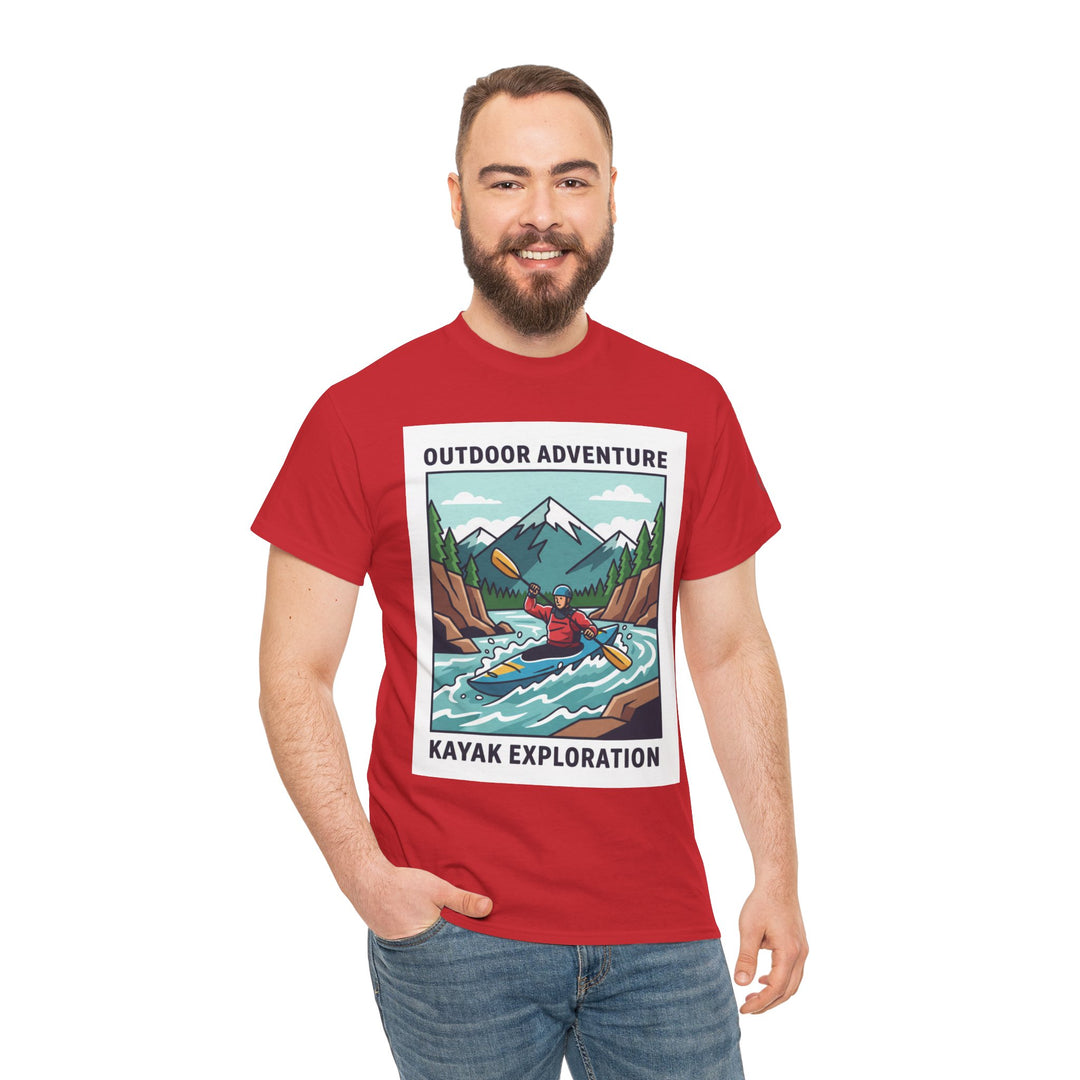Red kayak exploration t-shirt by S&amp;W Gallus, featuring a colorful outdoor adventure graphic, styled with casual denim jeans.