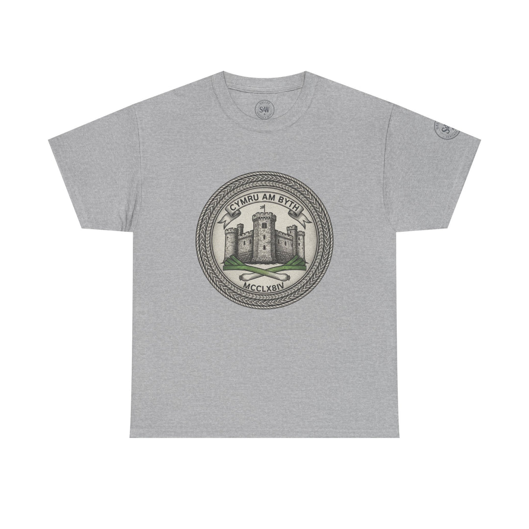 Gray t-shirt by S&amp;W Gallus, featuring a graphic crest with Welsh lettering and leek emblems.
