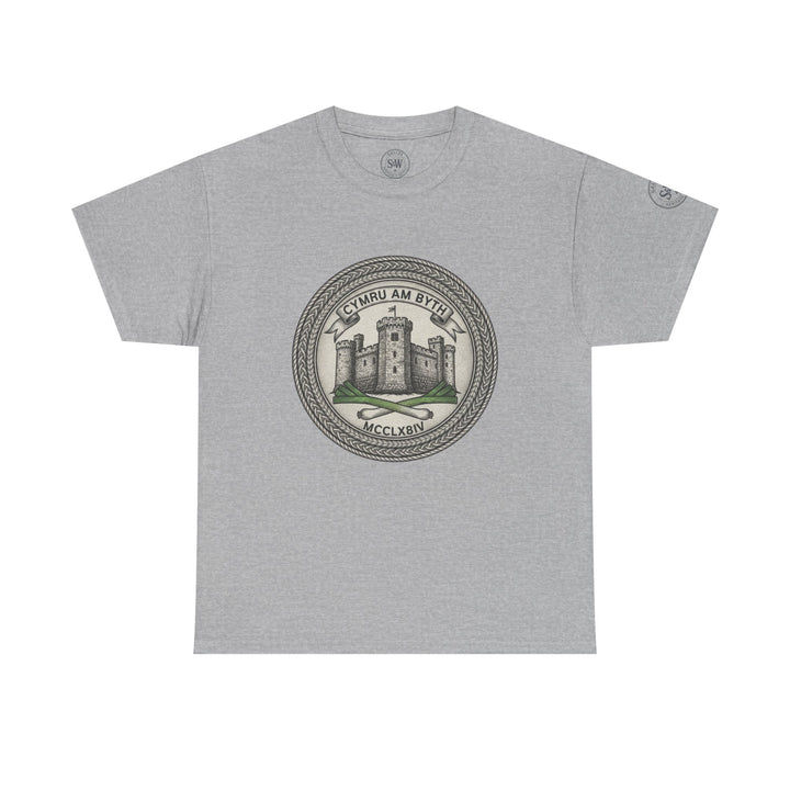 Gray t-shirt by S&amp;W Gallus, featuring a graphic crest with Welsh lettering and leek emblems.