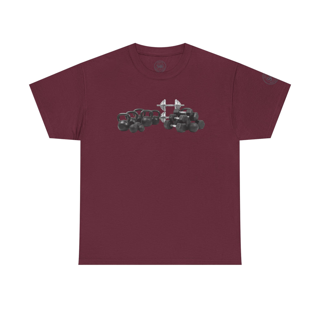 Maroon t-shirt by S&amp;W Gallus, featuring a graphic of kettlebells and dumbbells in the center.