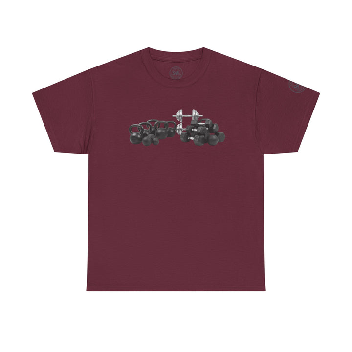 Maroon t-shirt by S&amp;W Gallus, featuring a graphic of kettlebells and dumbbells in the center.