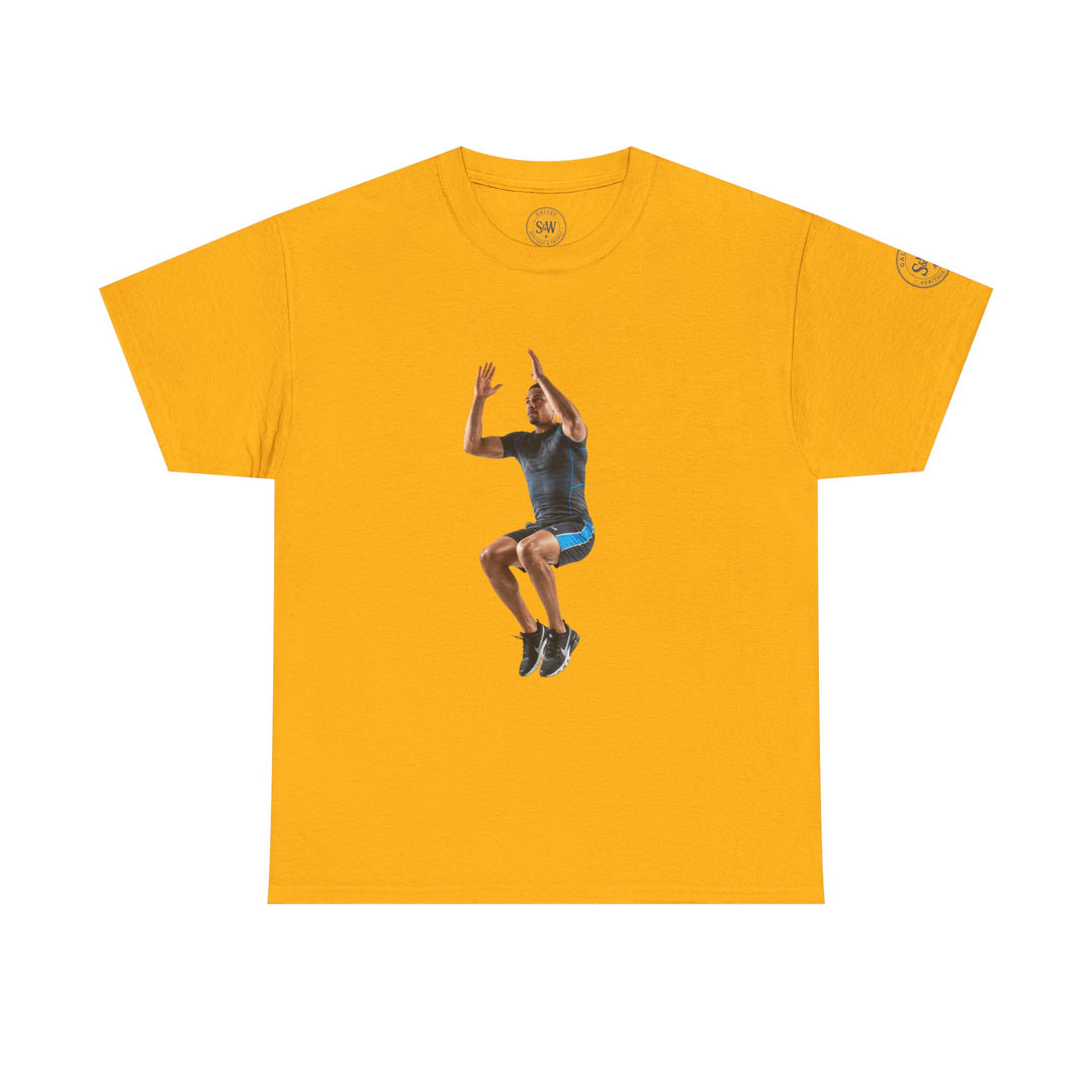 Gold t-shirt by S&amp;W Gallus, featuring a man in athletic gear jumping against the shirt&