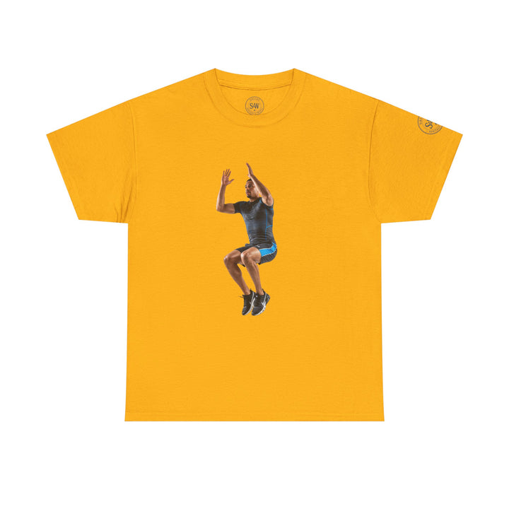 Gold t-shirt by S&amp;W Gallus, featuring a man in athletic gear jumping against the shirt&