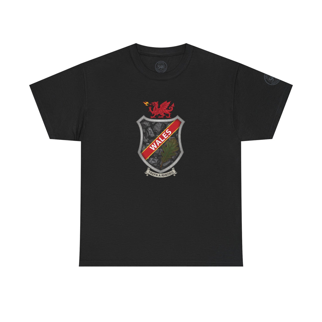 Black t-shirt by S&amp;W Gallus featuring a Welsh shield crest on the front.