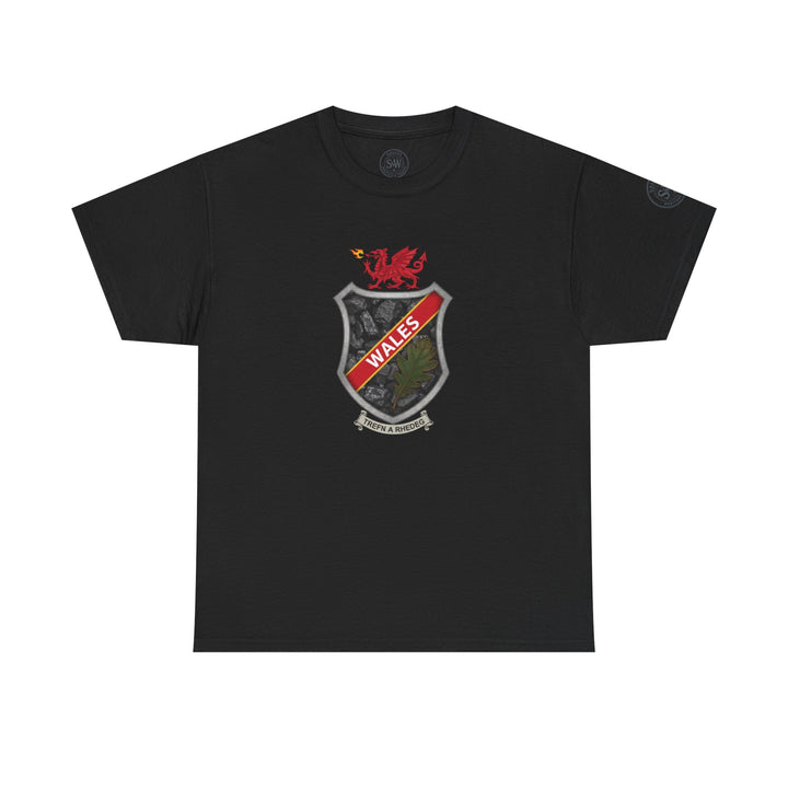 Black t-shirt by S&amp;W Gallus featuring a Welsh shield crest on the front.