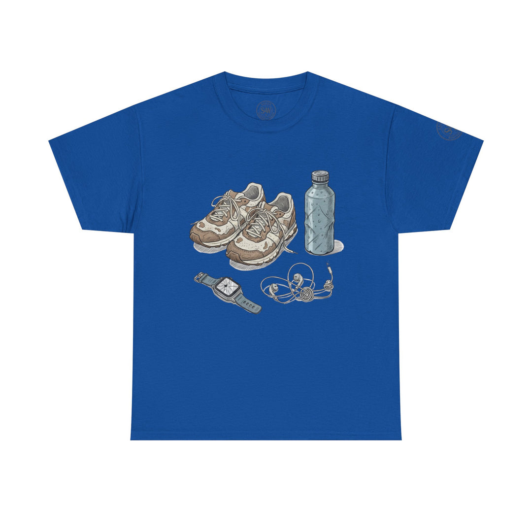 Blue t-shirt by S&amp;W Gallus, featuring a graphic print of sneakers, a water bottle, a watch, and tangled earphones.