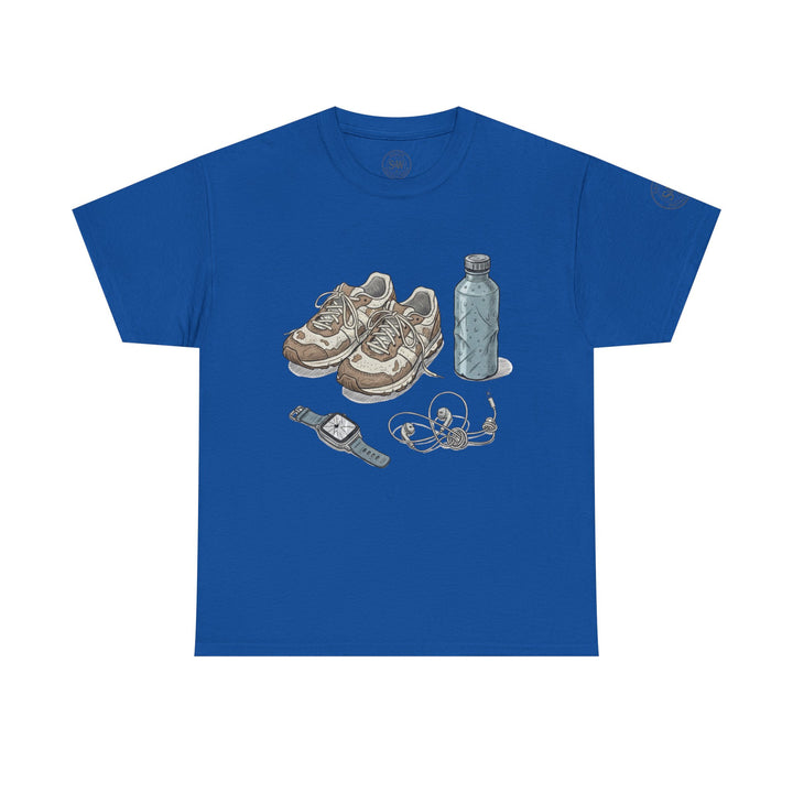 Blue t-shirt by S&amp;W Gallus, featuring a graphic print of sneakers, a water bottle, a watch, and tangled earphones.