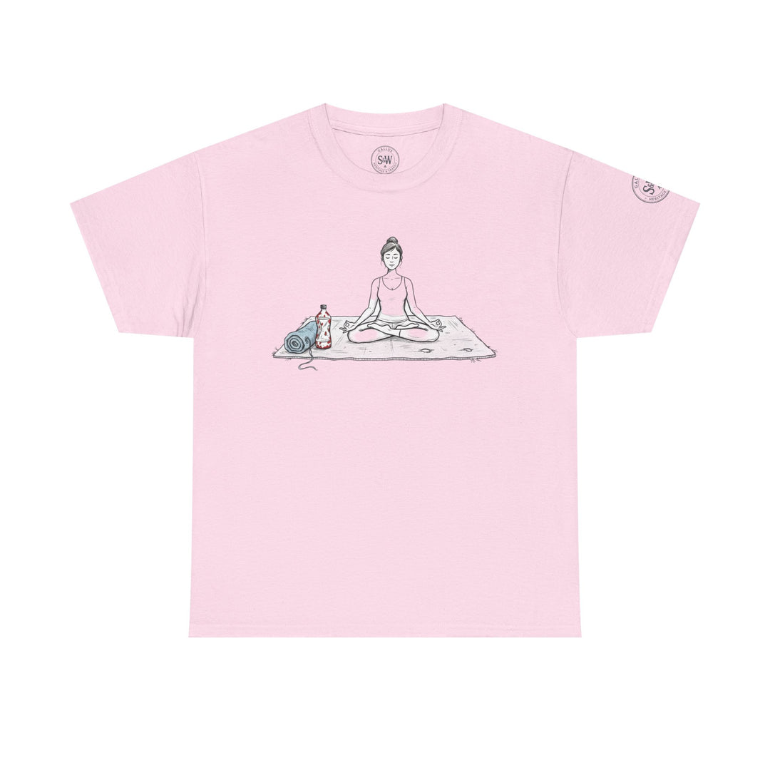 Light pink t-shirt by S&amp;W Gallus featuring a yoga illustration and a branded label detail on the sleeve.