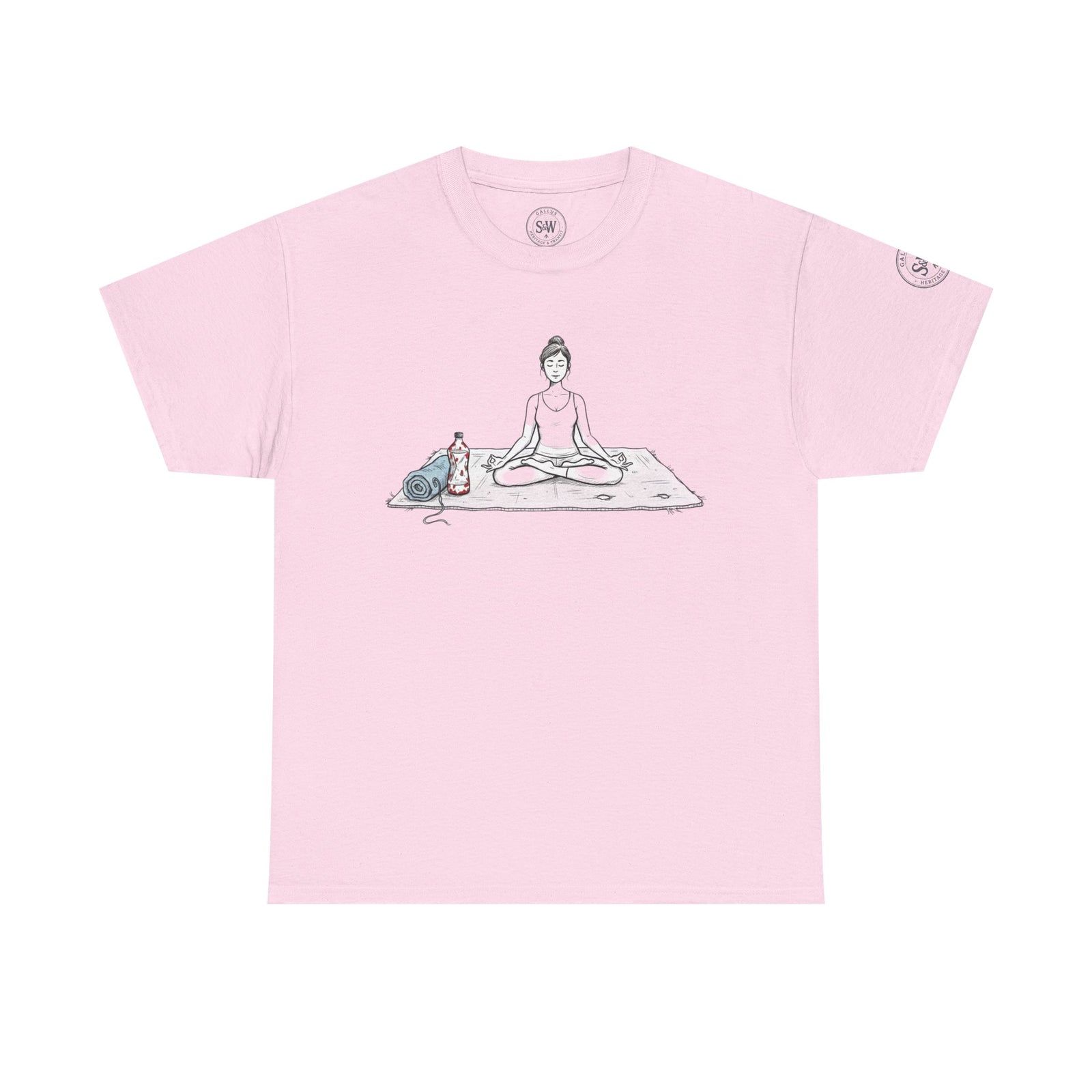 Light pink t-shirt by S&W Gallus featuring a yoga illustration and a branded label detail on the sleeve.