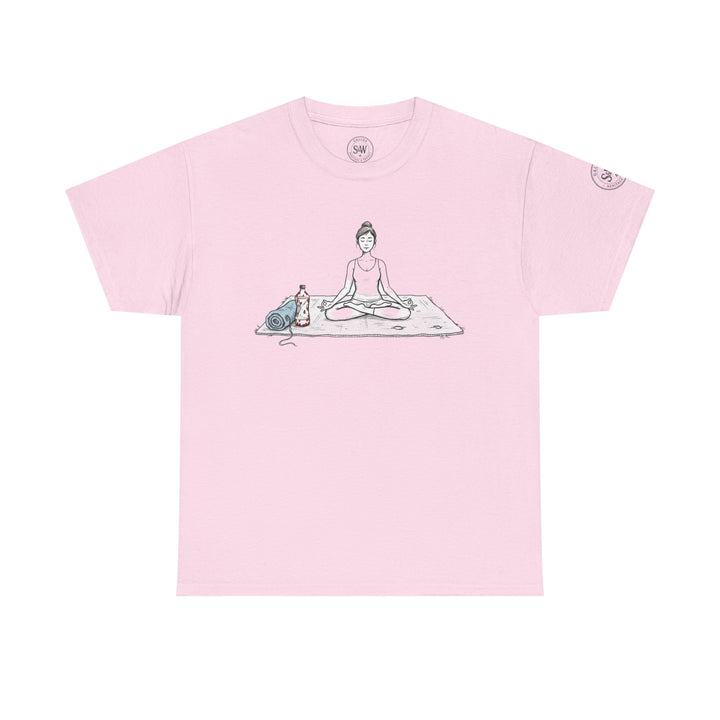 Light pink t-shirt by S&amp;W Gallus featuring a yoga illustration and a branded label detail on the sleeve.