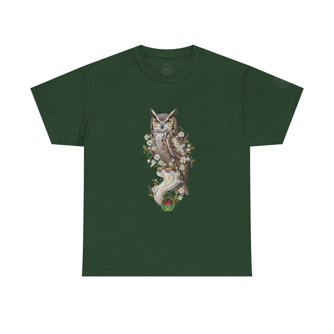 Forest green t-shirt by S&amp;W Gallus, featuring an owl and floral design.