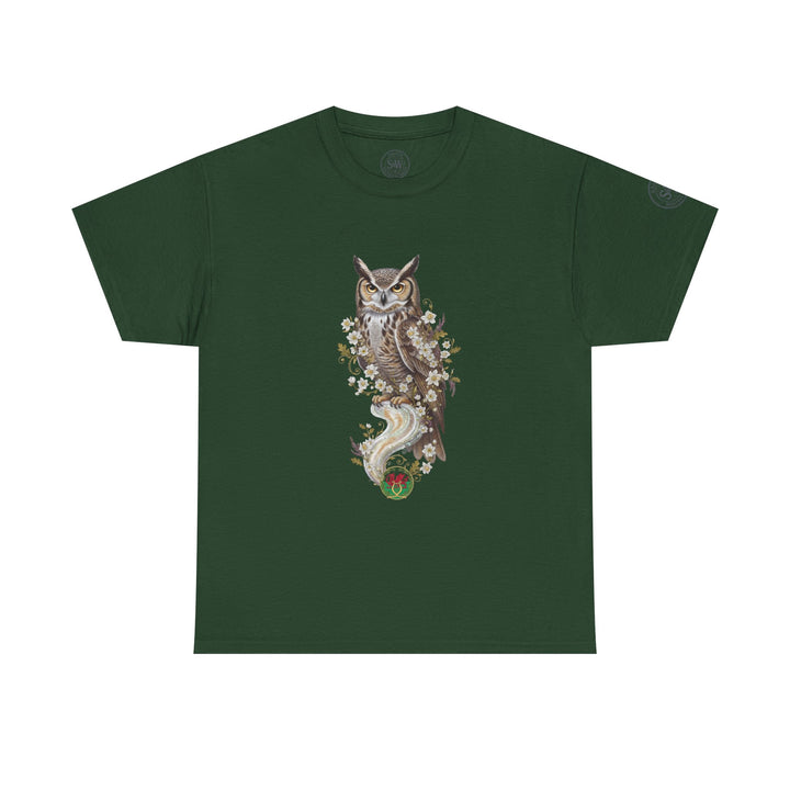 Forest green t-shirt by S&amp;W Gallus, featuring an owl and floral design.