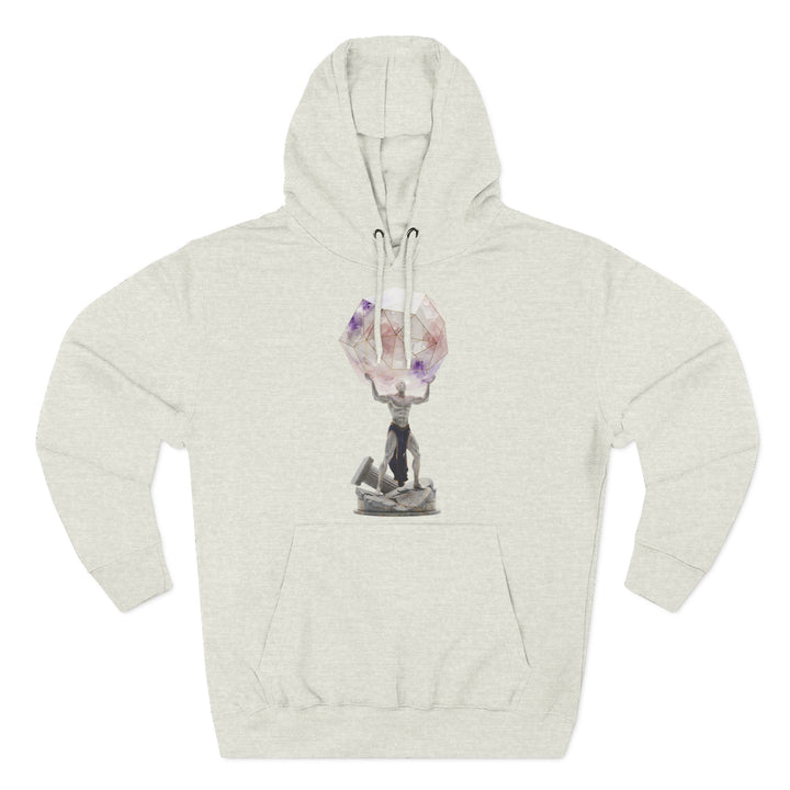 Heather-oatmeal hoodie by S&amp;W Gallus, featuring an image of Atlas holding a geometric amethyst orb.