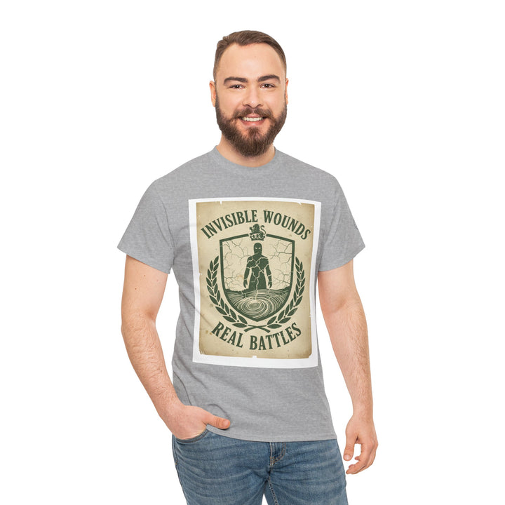 Heather grey tee shirt by S&amp;W Gallus featuring graphic text with a laurel leaf crest, styled with jeans.