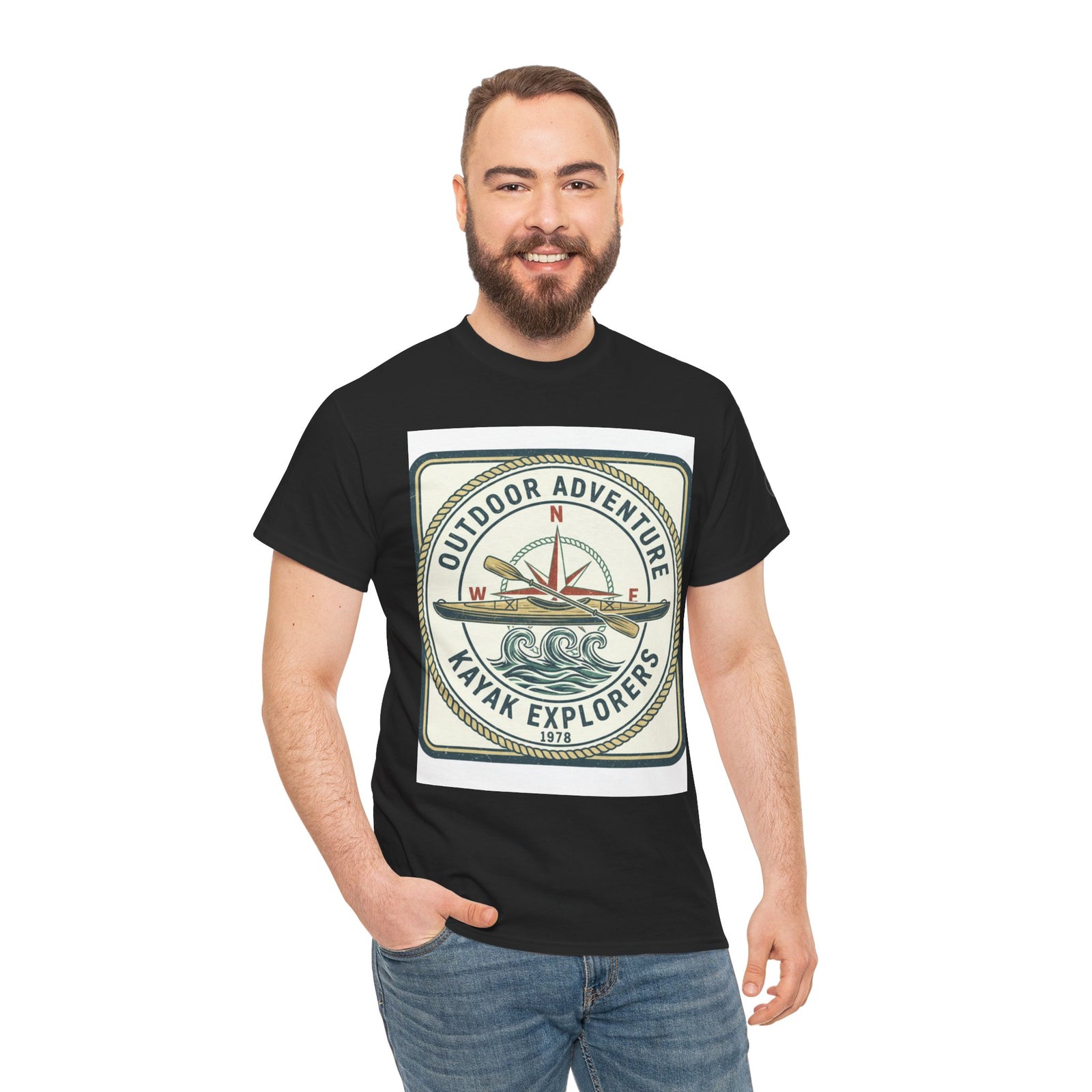 Black Kayak Explorers T-shirt by S&W Gallus, featuring a nautical emblem with a kayak and compass.