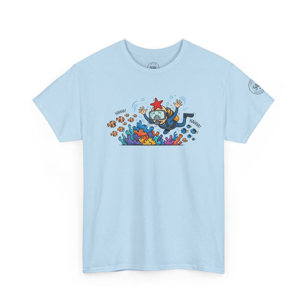 Light blue t-shirt by S&amp;W Gallus with a comical scuba diver and colorful coral reef graphic.