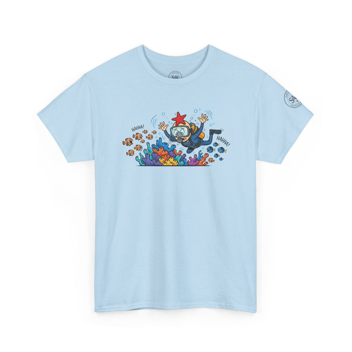 Light blue t-shirt by S&amp;W Gallus with a comical scuba diver and colorful coral reef graphic.