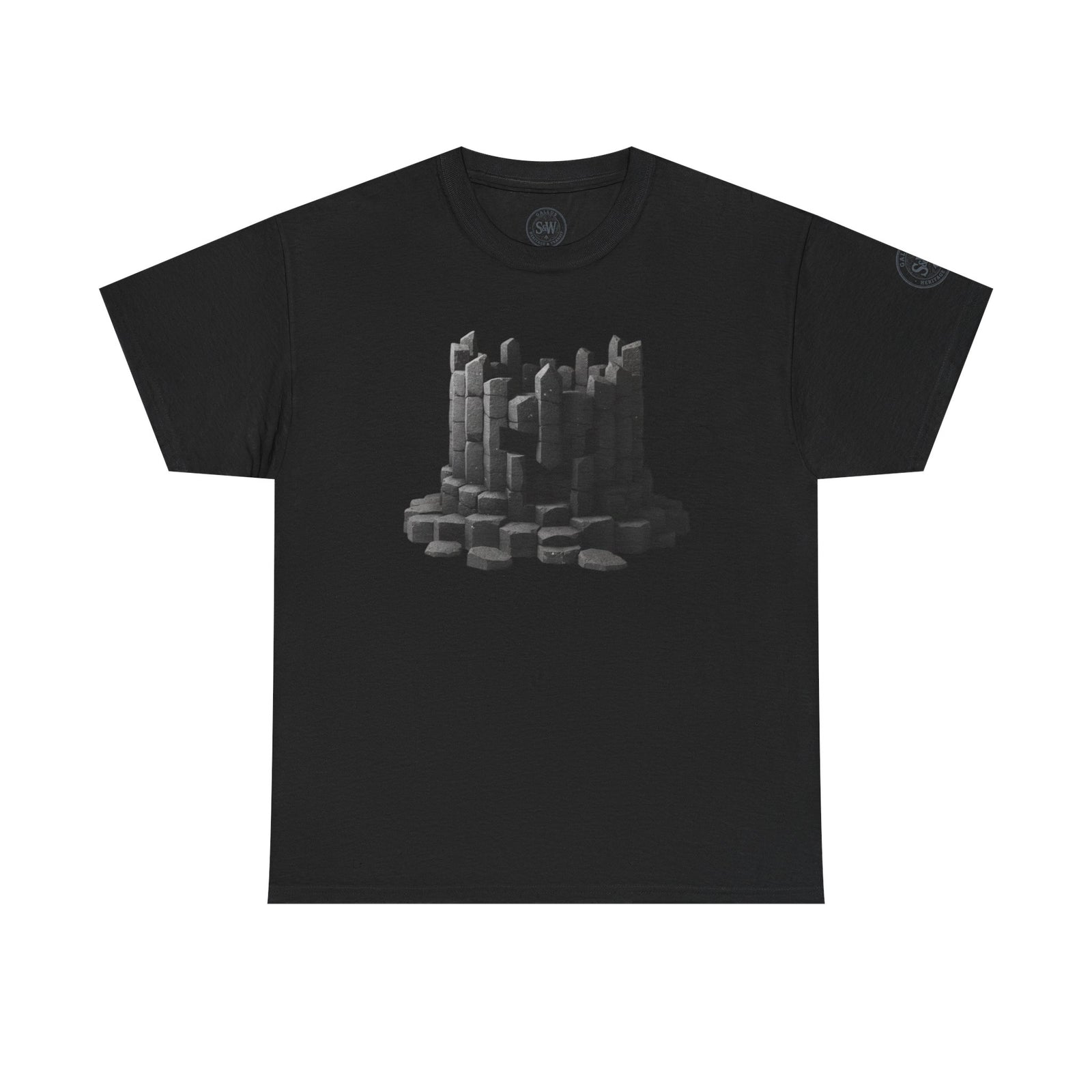 Black t-shirt by S&W Gallus featuring a gray basalt column ruins graphic on the front.