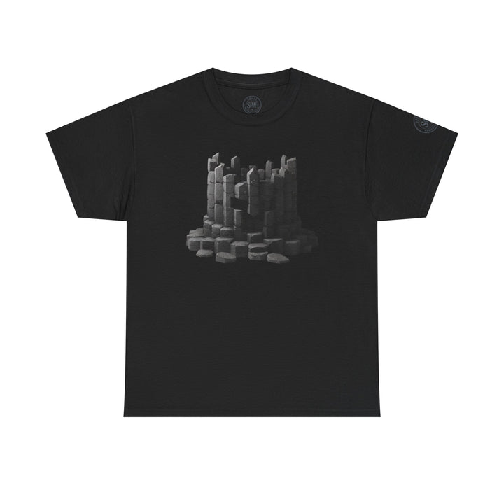 Black t-shirt by S&amp;W Gallus featuring a gray basalt column ruins graphic on the front.