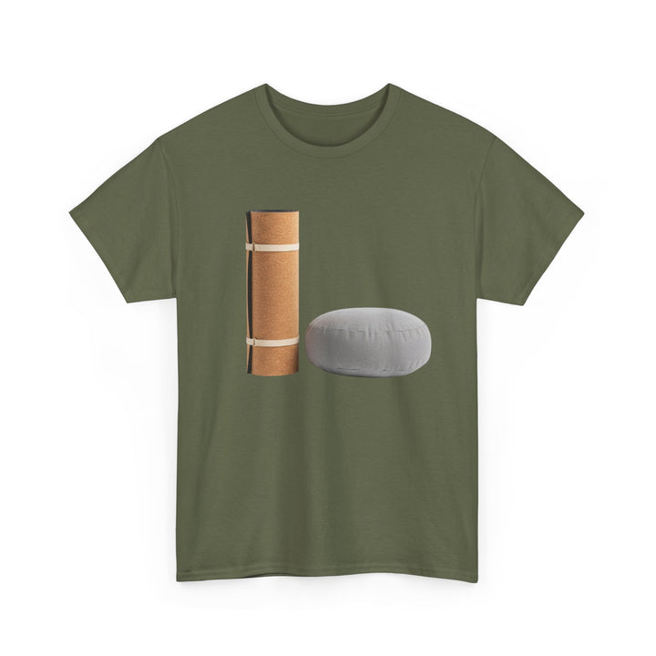 Mat &amp; Meditation Cushion Tee – soft, breathable cotton featuring a yoga-inspired design. Perfect for meditation, studio practice, or mindful everyday wear.