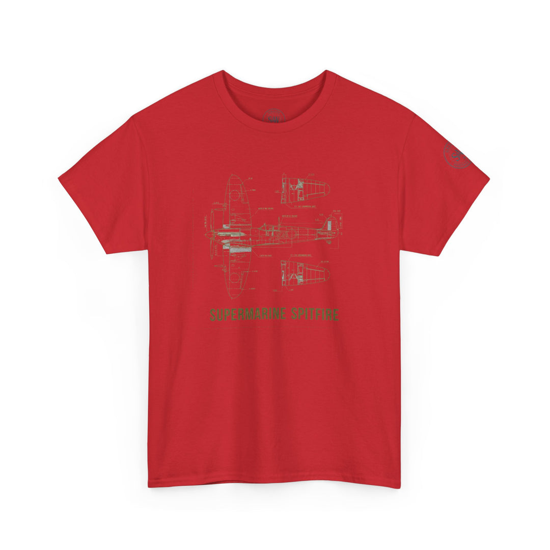 Red t-shirt by S&amp;W Gallus, featuring a Supermarine Spitfire blueprint schematic on the front.