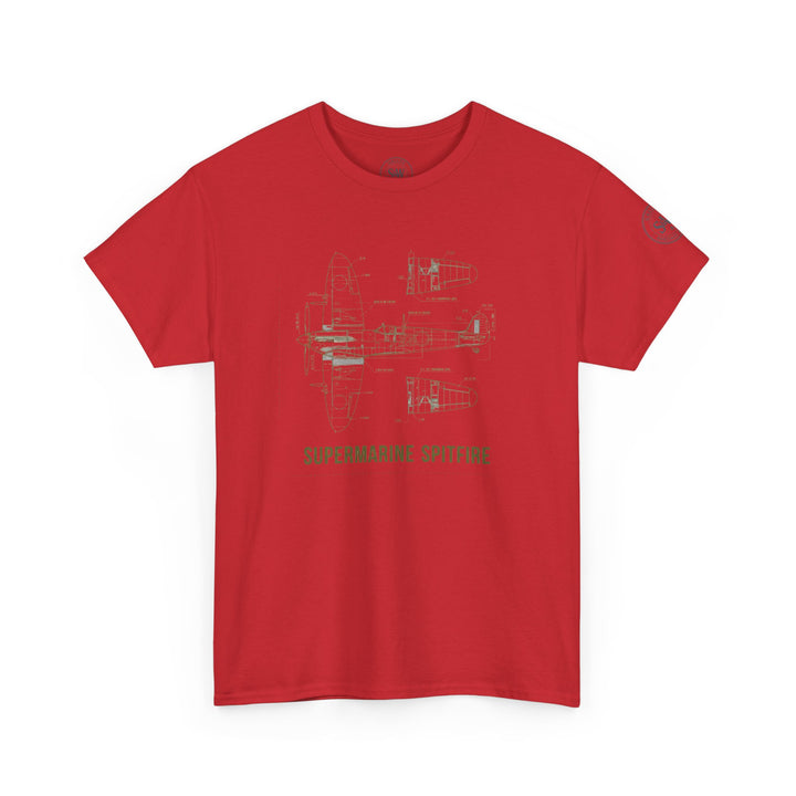 Red t-shirt by S&amp;W Gallus, featuring a Supermarine Spitfire blueprint schematic on the front.
