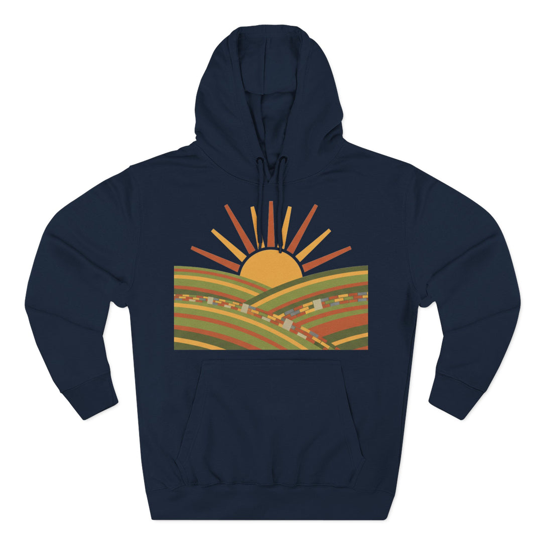 Navy hoodie by S&amp;W Gallus with a graphic of a sunrise over rolling, striped fields on the chest.