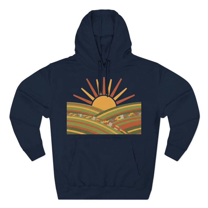 Navy hoodie by S&amp;W Gallus with a graphic of a sunrise over rolling, striped fields on the chest.