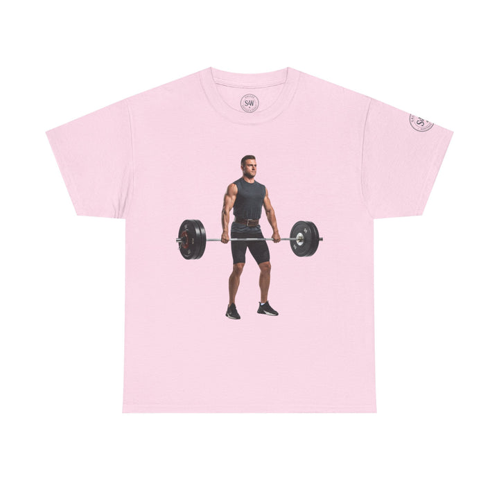 Pink weightlifting graphic tee by S&amp;W Gallus, displaying a man lifting weights on the front.