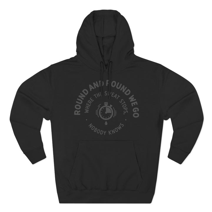 Black hoodie by S&amp;W Gallus, featuring a circular design with a stopwatch and motivational text on the chest.