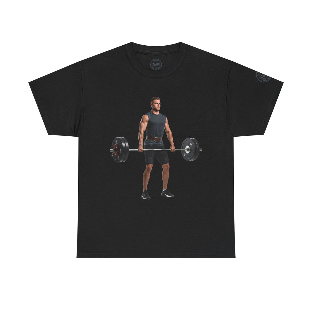 Black graphic tee by S&amp;W Gallus featuring a weightlifter performing a deadlift.