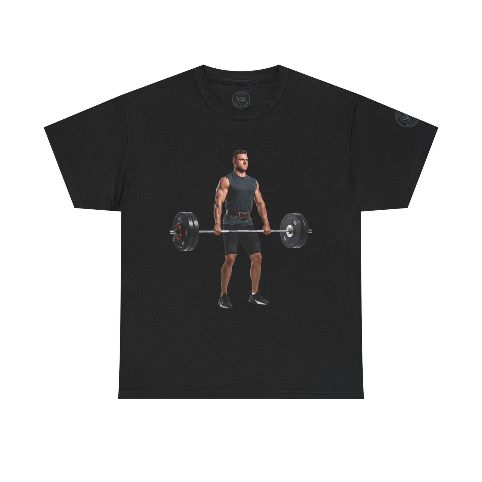 Black graphic tee by S&W Gallus featuring a weightlifter performing a deadlift.