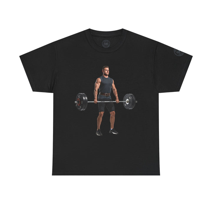 Black graphic tee by S&amp;W Gallus featuring a weightlifter performing a deadlift.