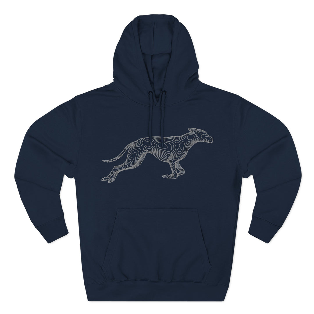 Navy hoodie by S&amp;W Gallus featuring a greyhound topo line graphic.