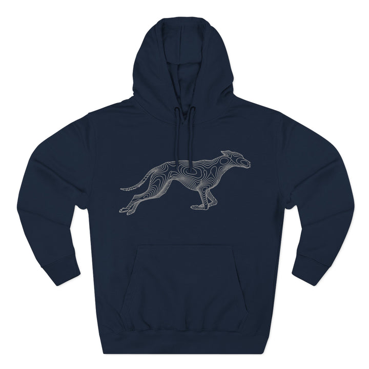 Navy hoodie by S&amp;W Gallus featuring a greyhound topo line graphic.