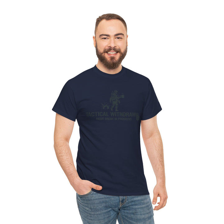 Navy t-shirt by S&amp;W Gallus featuring a graphic and text, worn with jeans on a man with a beard.