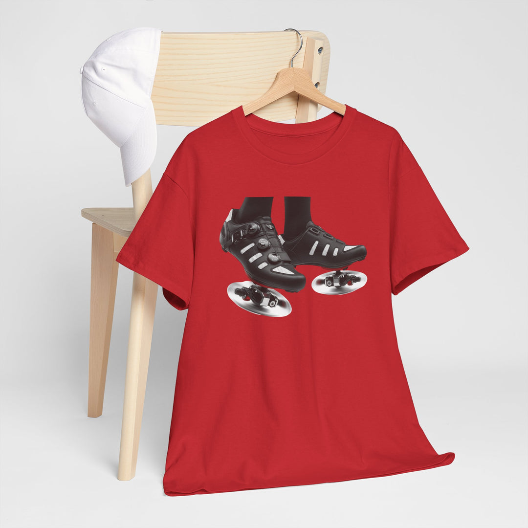 Spin Shoes Tee – soft, breathable cotton featuring a cycling shoes graphic. Perfect for spin classes, indoor workouts, and casual activewear.