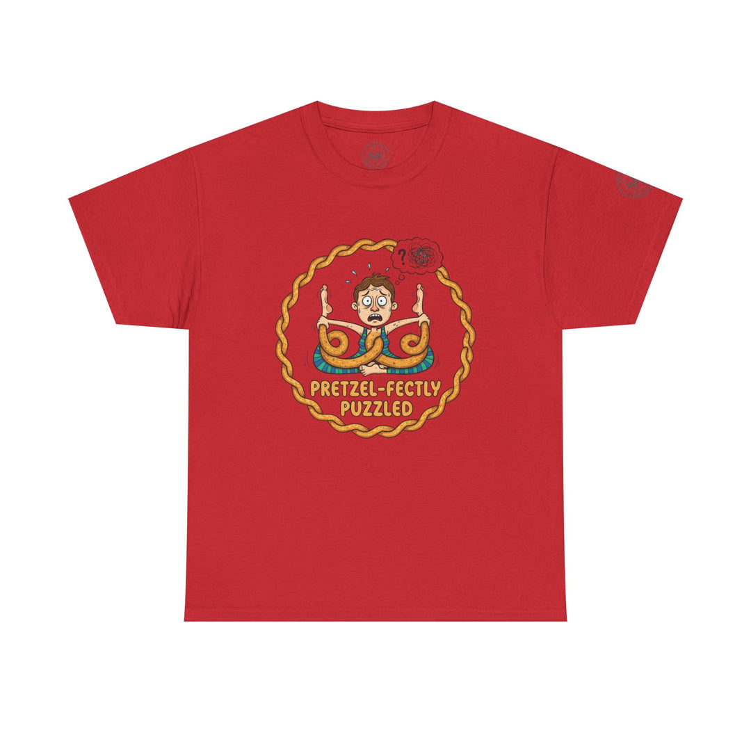 Red t-shirt from S&amp;W Gallus with a cartoon graphic of a person doing pretzel yoga, and the phrase "pretzel-fectly puzzled".