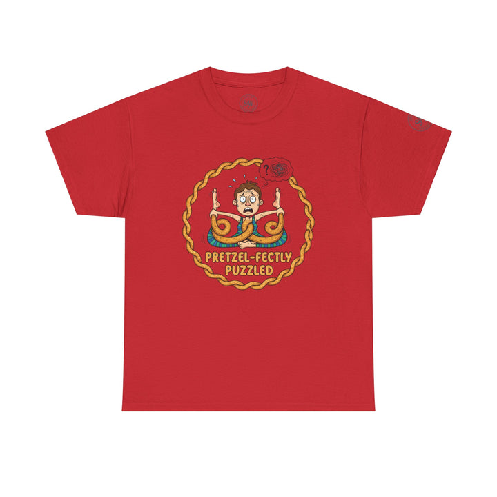 Red t-shirt from S&amp;W Gallus with a cartoon graphic of a person doing pretzel yoga, and the phrase "pretzel-fectly puzzled".