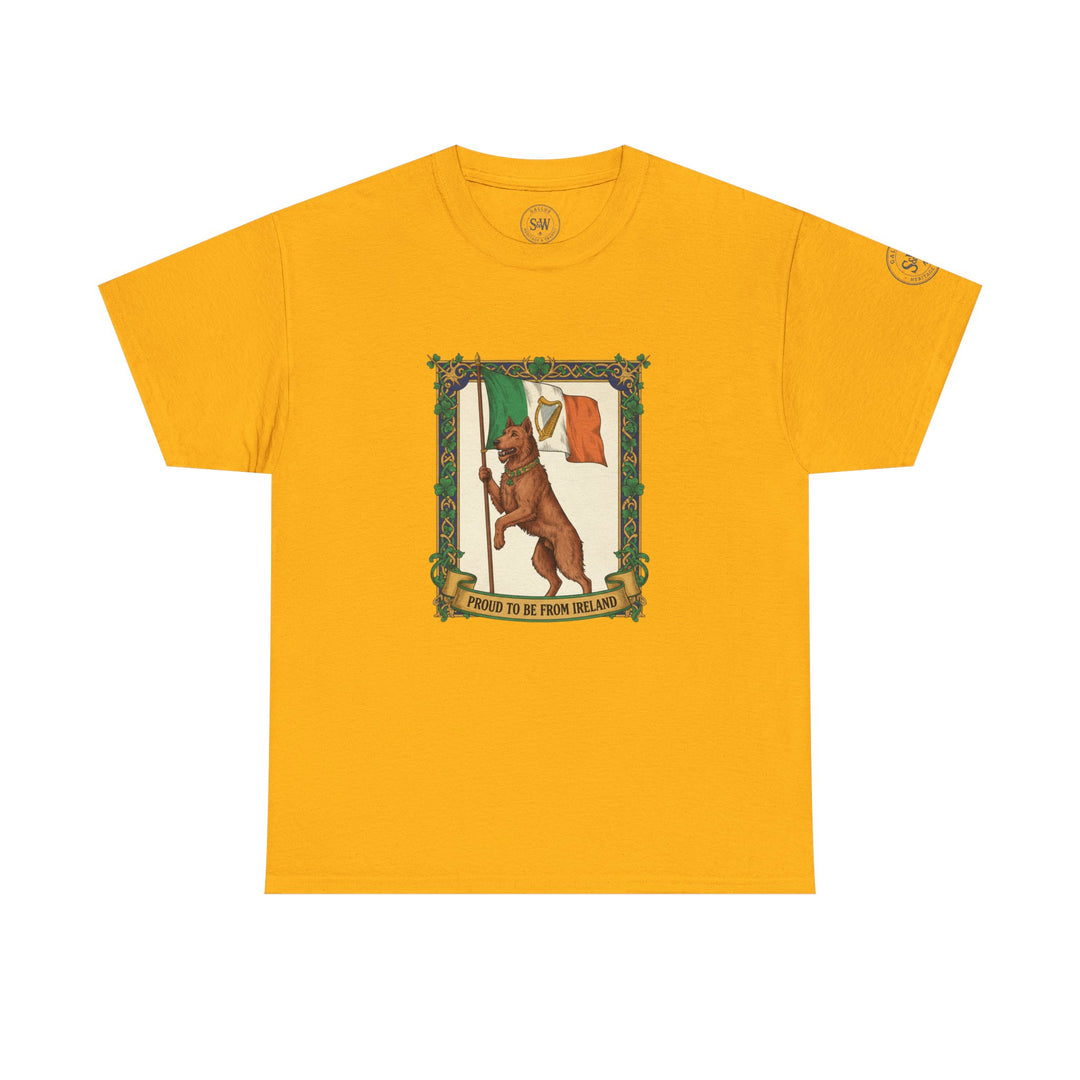Mustard yellow t-shirt by S&amp;W Gallus, displaying Irish flag graphic with dog and "Proud to be from Ireland" banner.