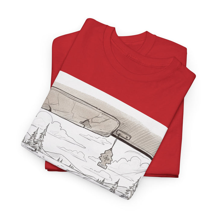 Scenic Drive Van Illustration Tee – soft cotton with a detailed van and landscape design. Perfect for road trips, outdoor adventures, and casual wear.