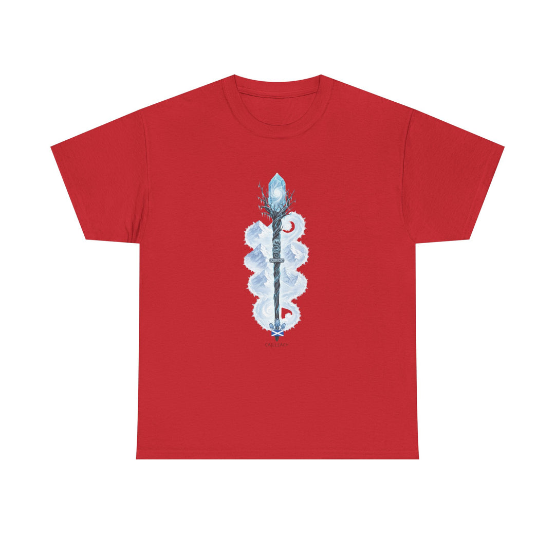 Red Scotland Staff T-shirt by S&amp;W Gallus with a crystal staff design.