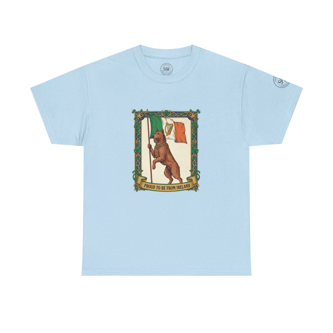 Light blue t-shirt from S&amp;W Gallus with a graphic of an Irish Wolfhound and flag.
