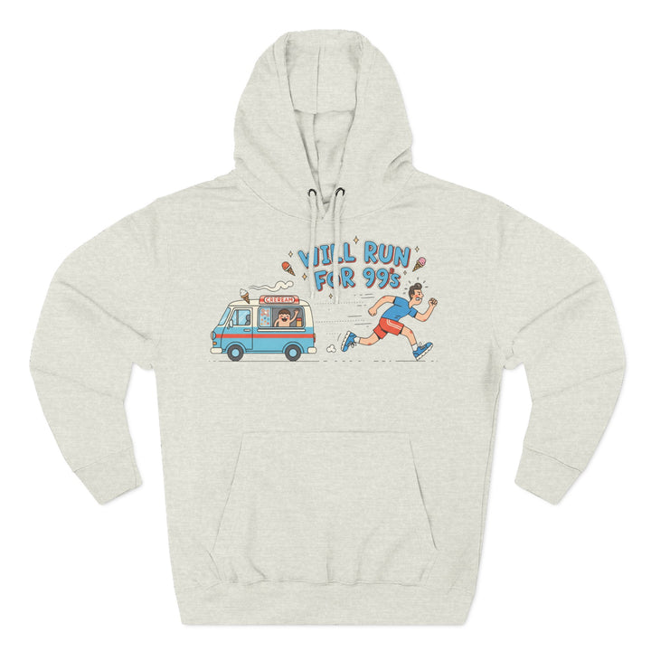 Heather gray hoodie by S&amp;W Gallus with a novelty ice cream and running graphic, featuring a hooded design and front pocket.

