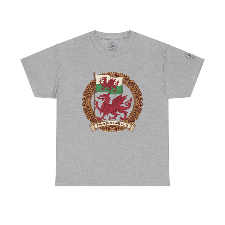 Gray t-shirt by S&amp;W Gallus, featuring Welsh dragon emblem and "Proud to be from Wales" banner.
