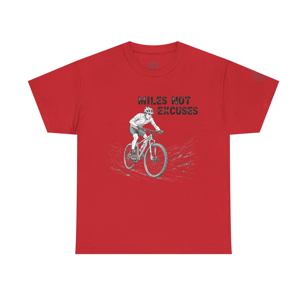 Red t-shirt by S&amp;W Gallus featuring a cyclist graphic and the phrase "Miles Not Excuses".