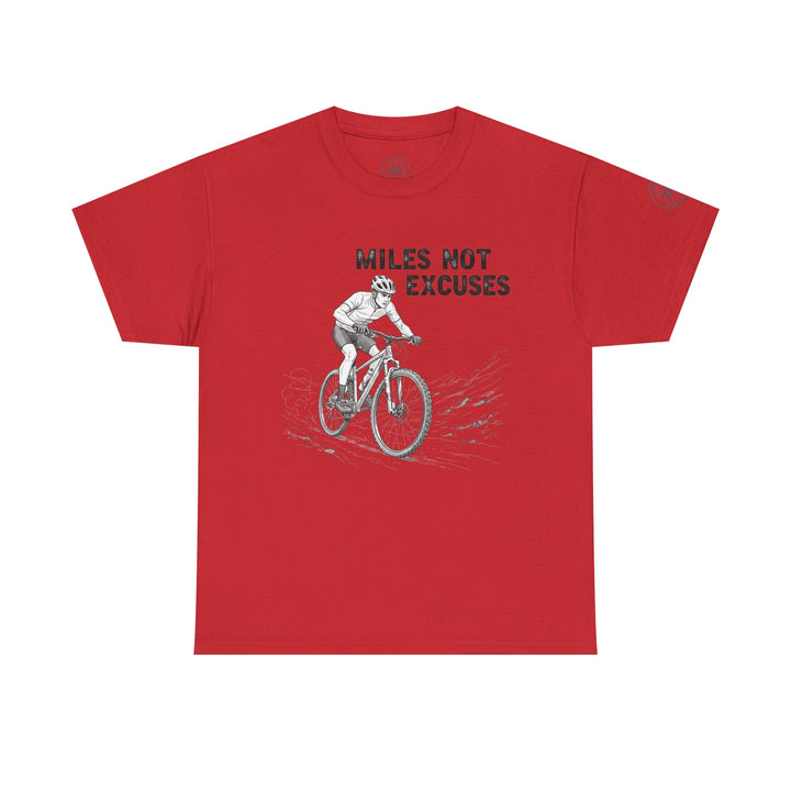 Red t-shirt by S&amp;W Gallus featuring a cyclist graphic and the phrase "Miles Not Excuses".