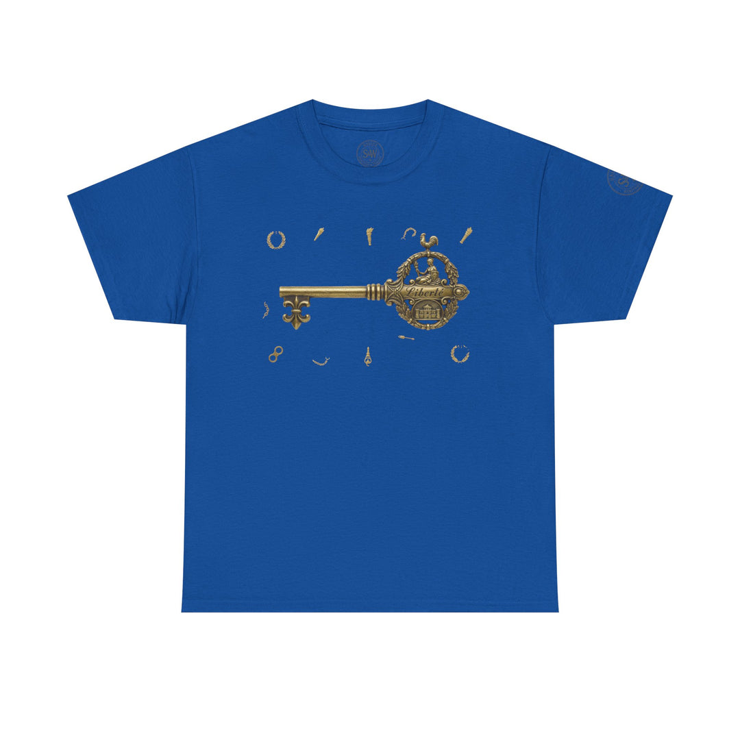 Blue Bastille Key T-Shirt by S&amp;W Gallus, featuring a golden key and other golden emblems, against a solid backdrop.