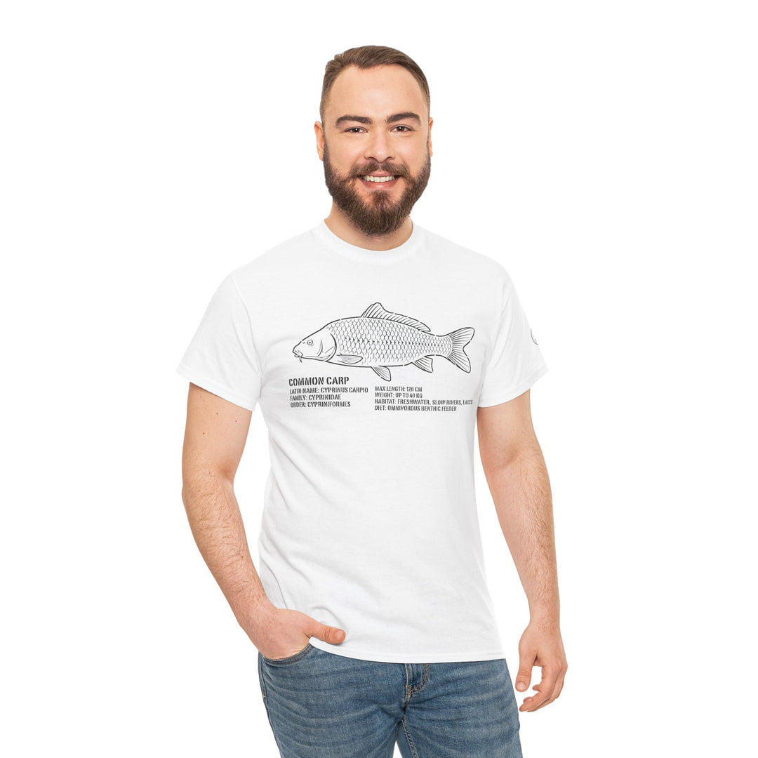 Common Carp illustration t-shirt by S&amp;W Gallus, featuring species facts graphic, worn with blue jeans.